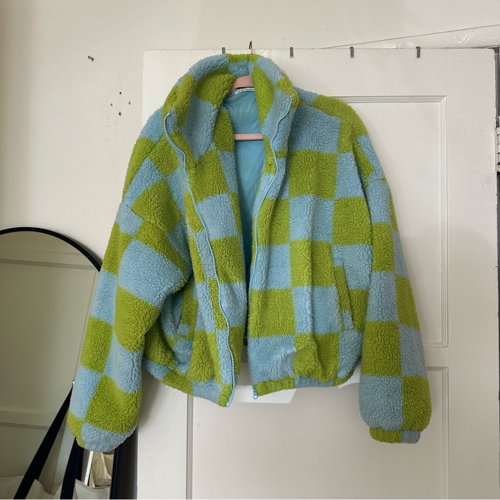 Green and blue checkered urban outfitters zip up jacket